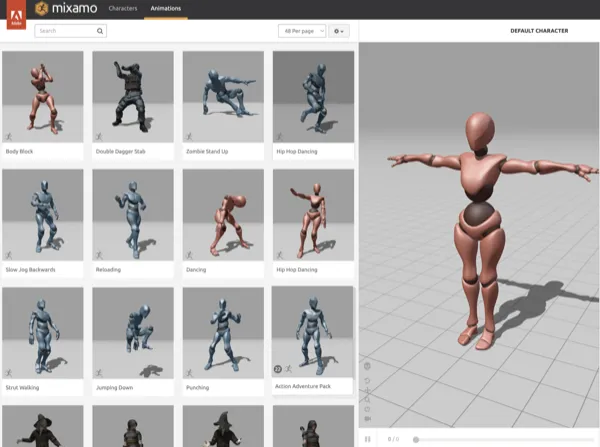 Adobe Mixamo骨骼动画库界面